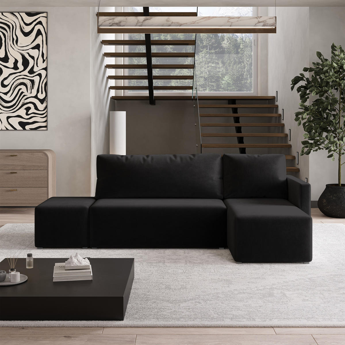ECKSOFA VELOTTI R-S Schwarz Plüsch-Stoff mit Schlaffunktion - Schwarz, Holz (261/143cm) - MASSENO
