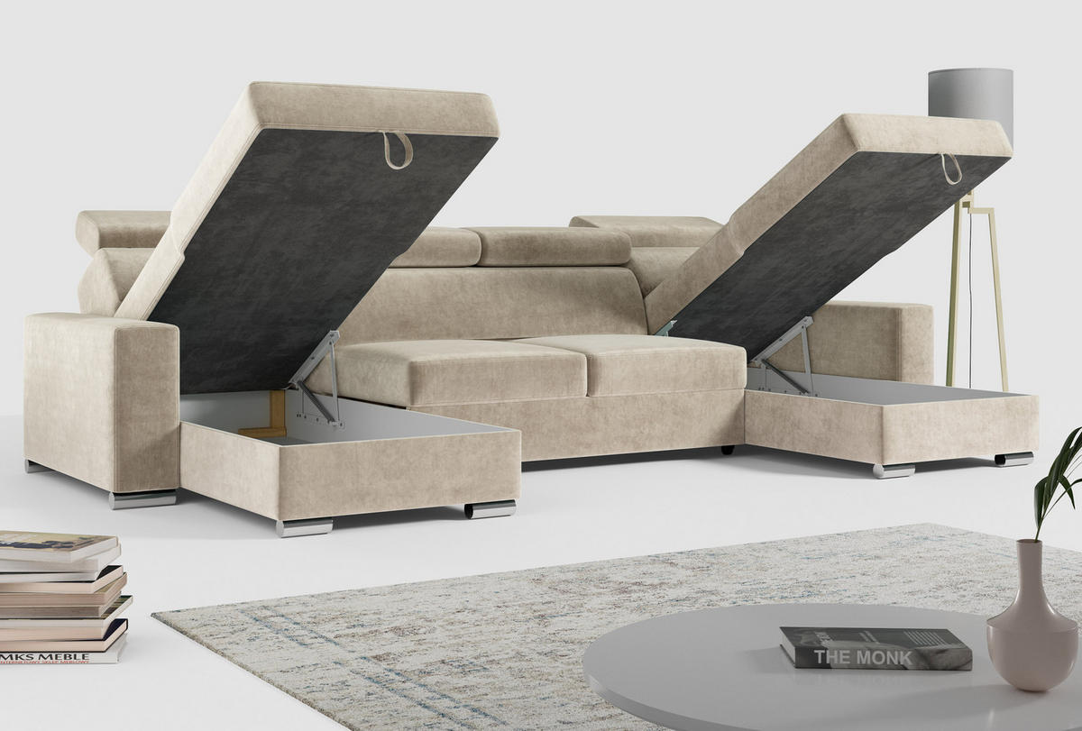 WOHNLANDSCHAFT FOX U Beige - Velvet - Beige/Silberfarben, Kunststoff/Textil (306/98/168cm) - MKS