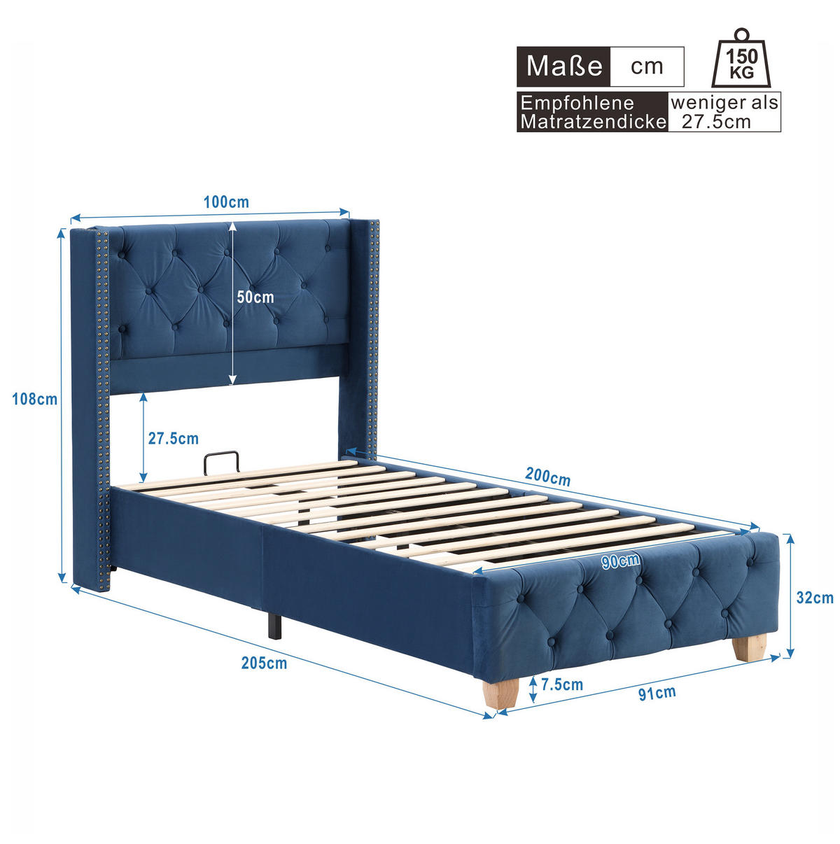 BETT mit Lattenrost 90x200 cm Samt Blau - Blau, Metall (90/200cm) - Meubliv