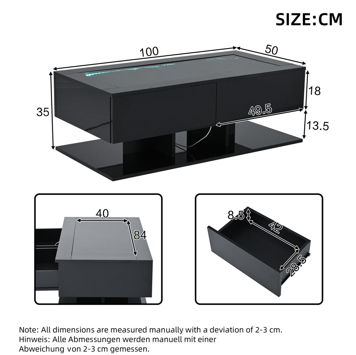 COUCHTISCH 100/50/35 cm mit 2 Schubladen, Glasplatte und LED-Beleuchtung in Hochglanz, Schwarz - Schwarz, Holzwerkstoff (100/50/35cm) - Redom