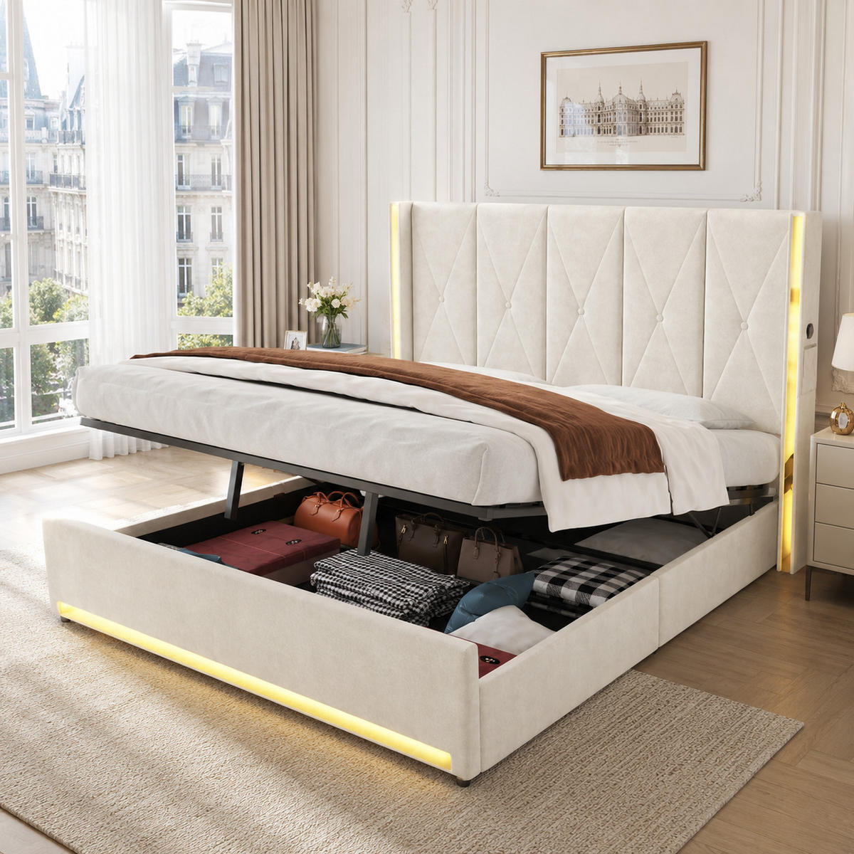 POLSTERBETT 180/200 cm Beige mit LED-Beleuchtung und hydraulische Speicherfunktion - Beige, Textil (180/200cm) - Oxeza