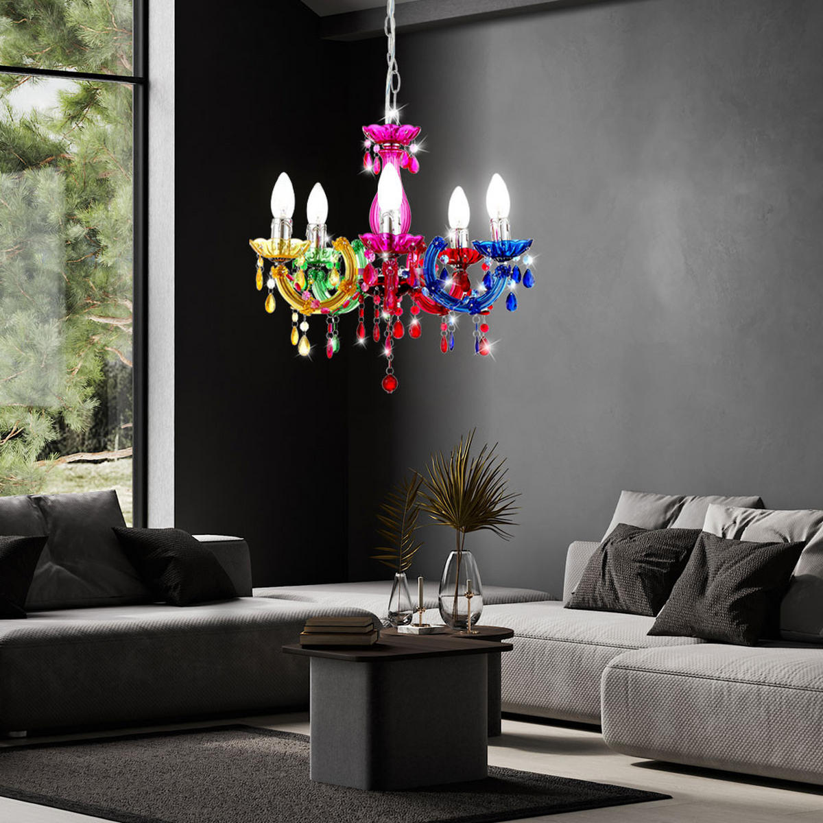 KRONLEUCHTER Kristalle Bunt 5-flammig - Multicolor, Metall (44/44/128cm) - Globo Lighting
