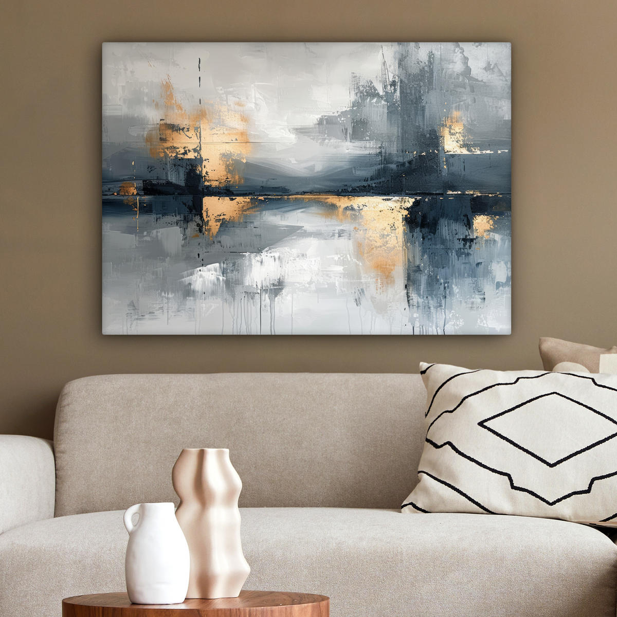 LEINWANDBILD Kunst - Grau - Gold - Abstrakt Wandbilder 80x60 cm - Dunkelgrau, Textil (80/60cm) - MuchoWow