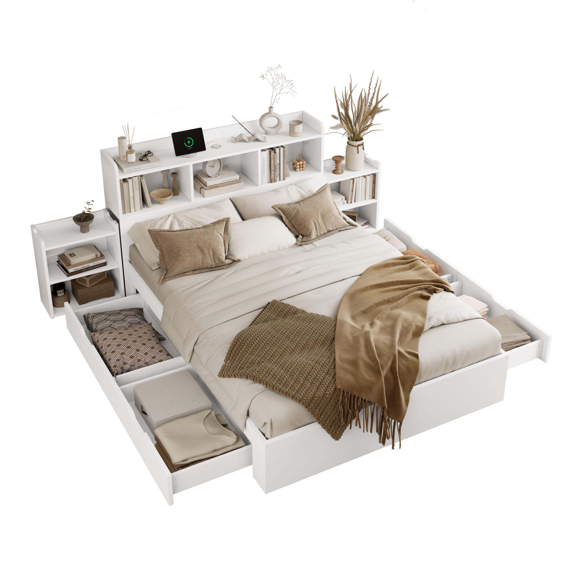 DOPPELBETT aus MDF 140x200 cm Weiß mit 4 Schubladen, ausziehbarem Nachttisch, Ablagefächern und Ladefunktion - Weiß, Holzwerkstoff (90/200cm) - Modfu
