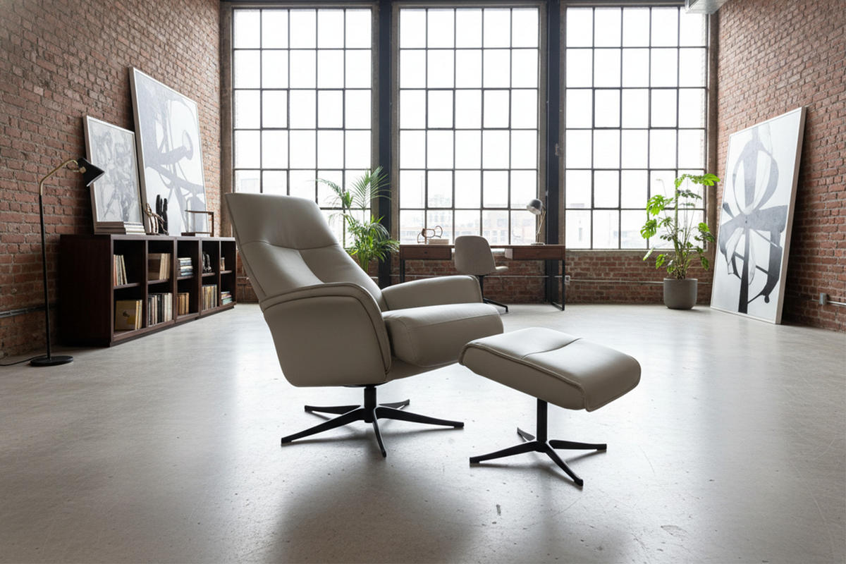 RELAXSESSEL-SET JOSIANE Grau Leder Relaxfunktion - Schwarz/Grau, Leder/Metall (78/107/87cm) - KAWOLA