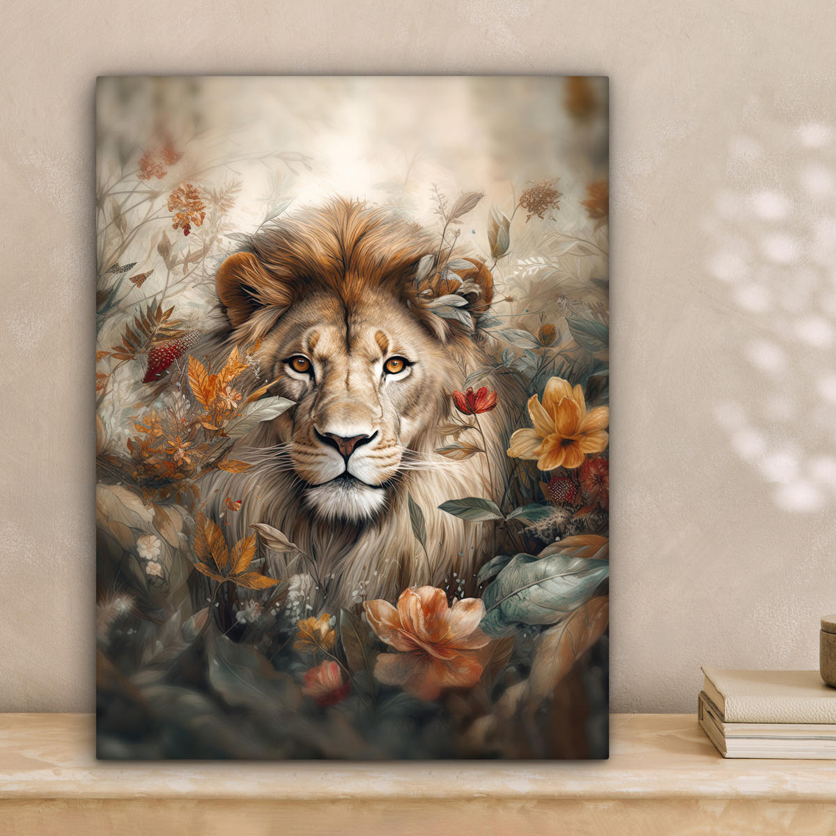 LEINWANDBILD Löwe - Wildtiere - Pflanzen - Natur - Blumen 30x40 cm - Beige, Textil (30/40cm) - MuchoWow