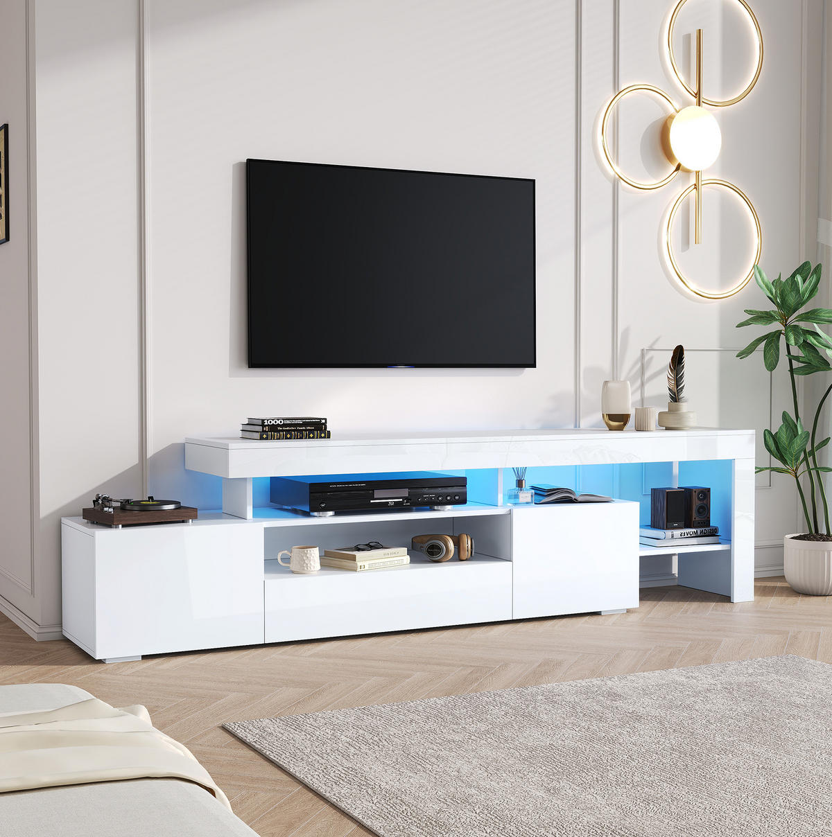 TV-LOWBOARD aus Spanplatte 192x37x53 cm Weiß mit LED-Beleuchtung für Fernseher bis 85 Zoll - Weiß, Holzwerkstoff (192/53/37cm) - IVMEU