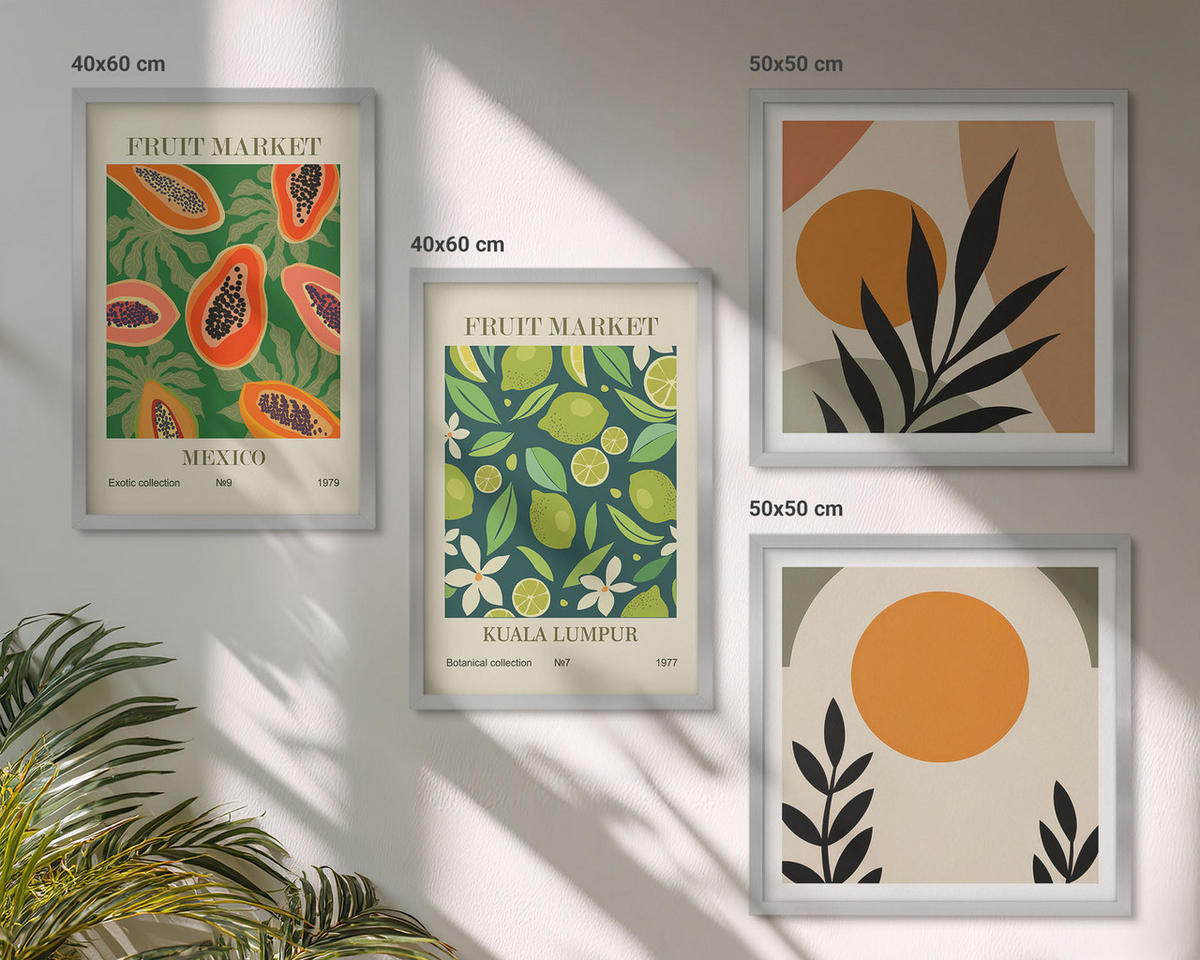 BILDER SET 4er Set - 50x50 cm & 40x60 cm Silberner Rahmen - Boho-Papaya-Fruchtmuster - Silberfarben, Kunststoff (50/50cm) - TULUP