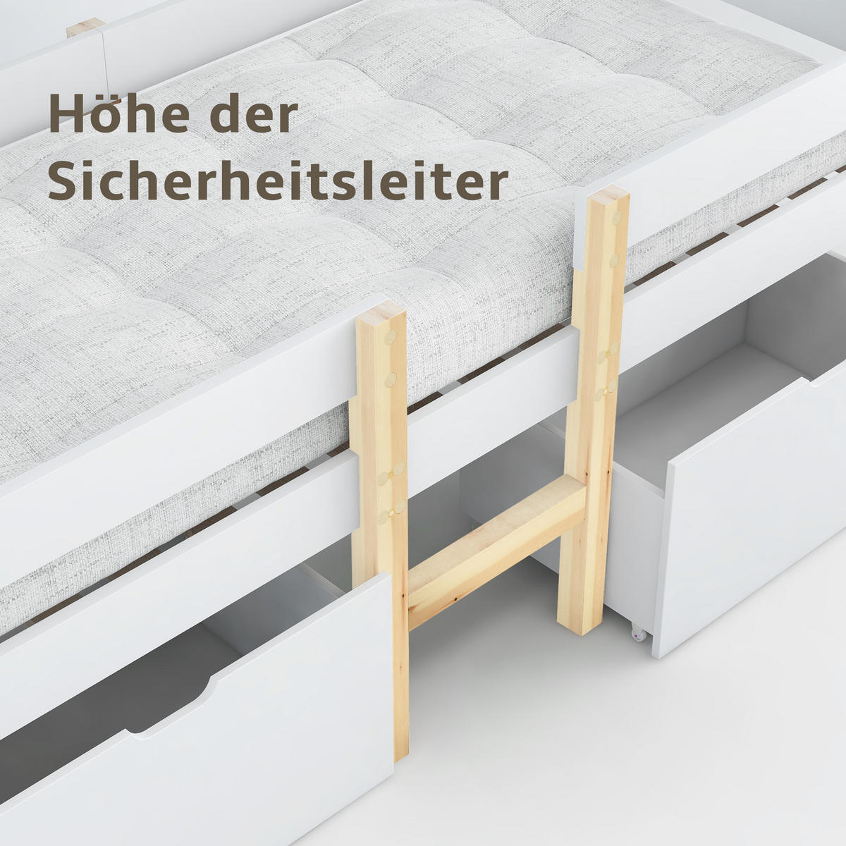 HOCHBETT 90/200 cm in Weiß Kinderbett mit 2 Schubladen und Rausfallschutz - Weiß/Naturfarben, Holzwerkstoff (90/200cm) - STILVORA