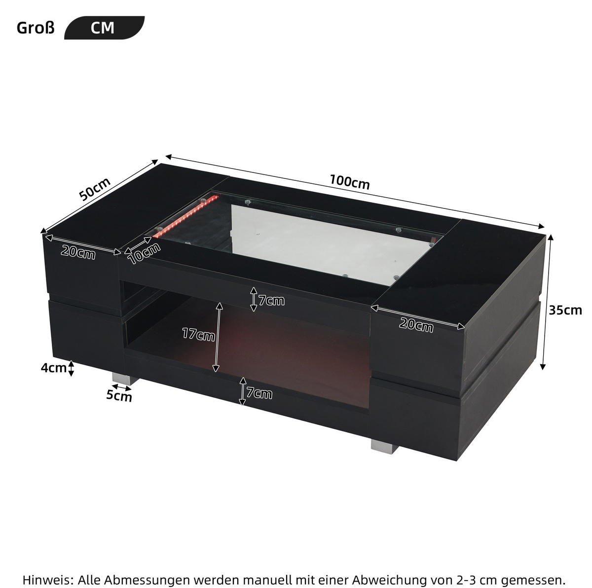 COUCHTISCH 100/50/35 cm schwarz mit LED-Beleuchtung - Schwarz, Holzwerkstoff (100/50/35cm) - OKWISH