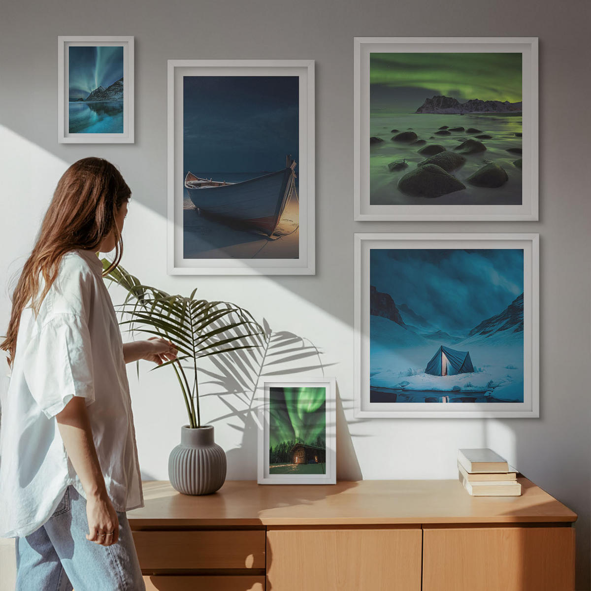 WANDBILDER 5er-Set - 50x50 cm & 20x30 cm & 40x60 cm Weißer Rahmen - Winterlandschaften, Nordlichter, Berge - Weiß, Kunststoff (40/60cm) - ArtPrintCave