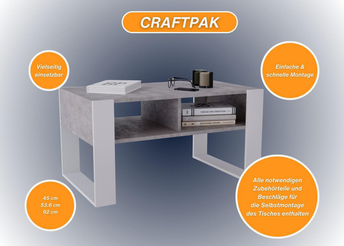 COUCHTISCH Holzwerkstoff rechteckig stabil Grau 45/53,6/92cm - Weiß/Grau, Holzwerkstoff (53.6/92/45cm) - CraftPAK