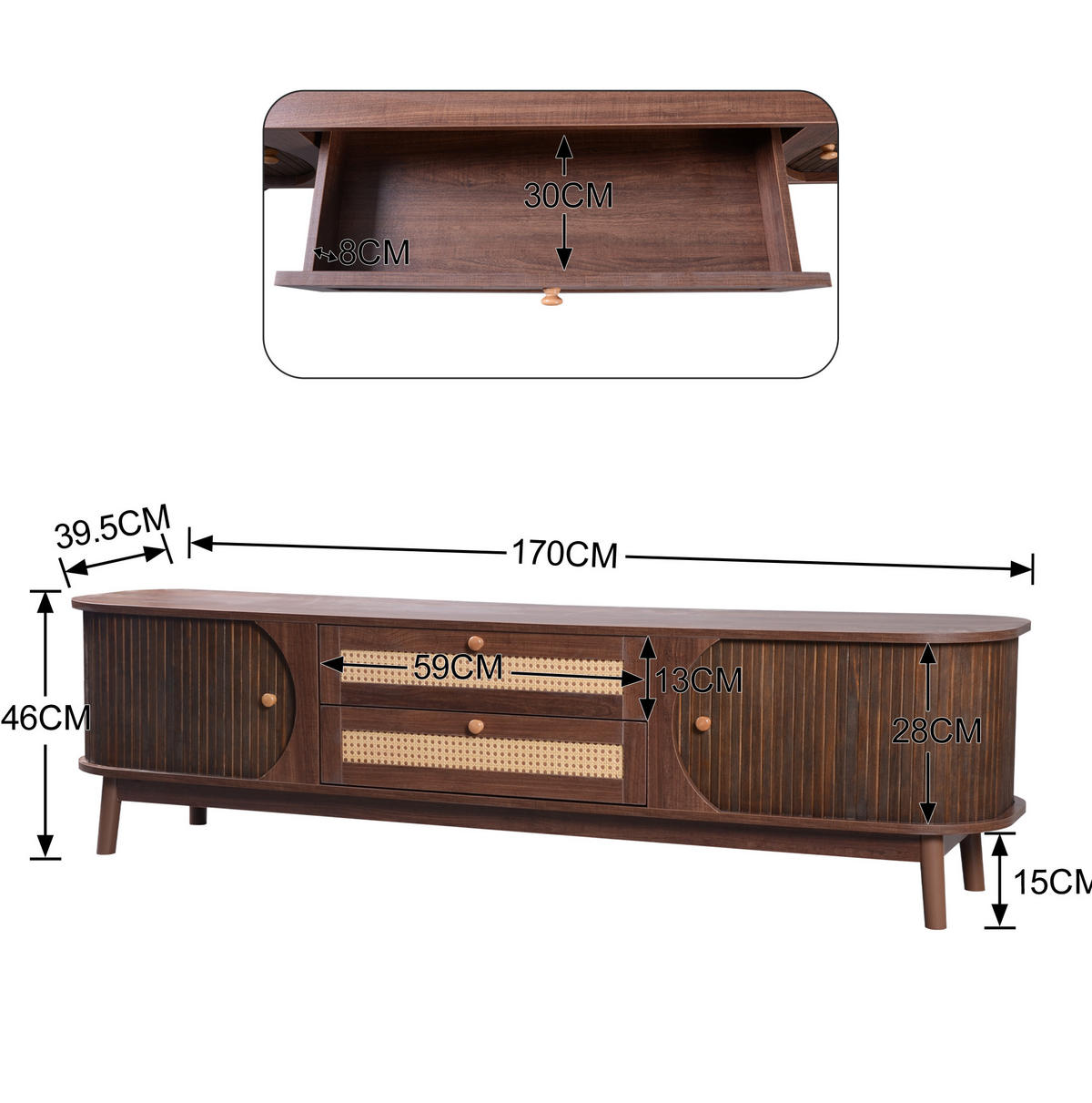 TV-LOWBOARD 170/39,5/46 cm in Naturfarben mit Rattanoptik und Türen - Naturfarben, Holzwerkstoff (170/46/39.5cm) - Flora Grace