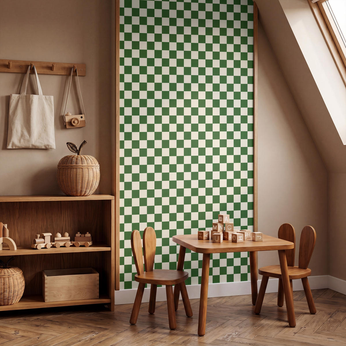 KINDERTAPETE - Schachbrett - Muster - Grün - 140x280 cm - Grün, Papier (140/280cm) - OnlyWow