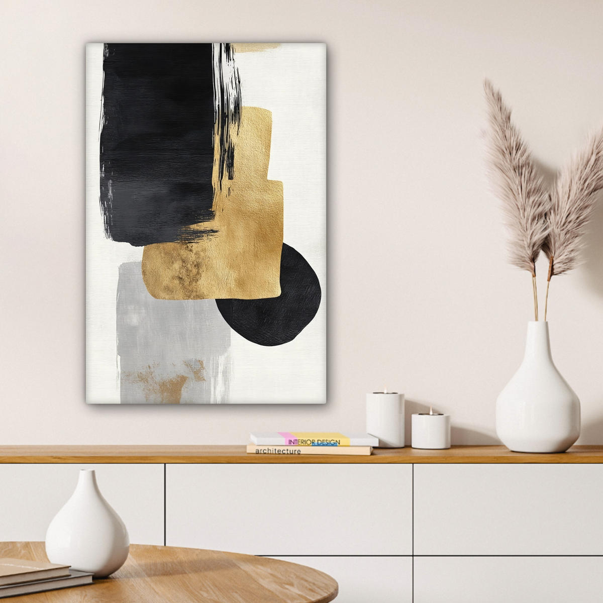 LEINWANDBILD Gold - Rechtecke - Kreise - Abstrakt Wanddeko 40x60 cm - Weiß, Textil (40/60cm) - MuchoWow