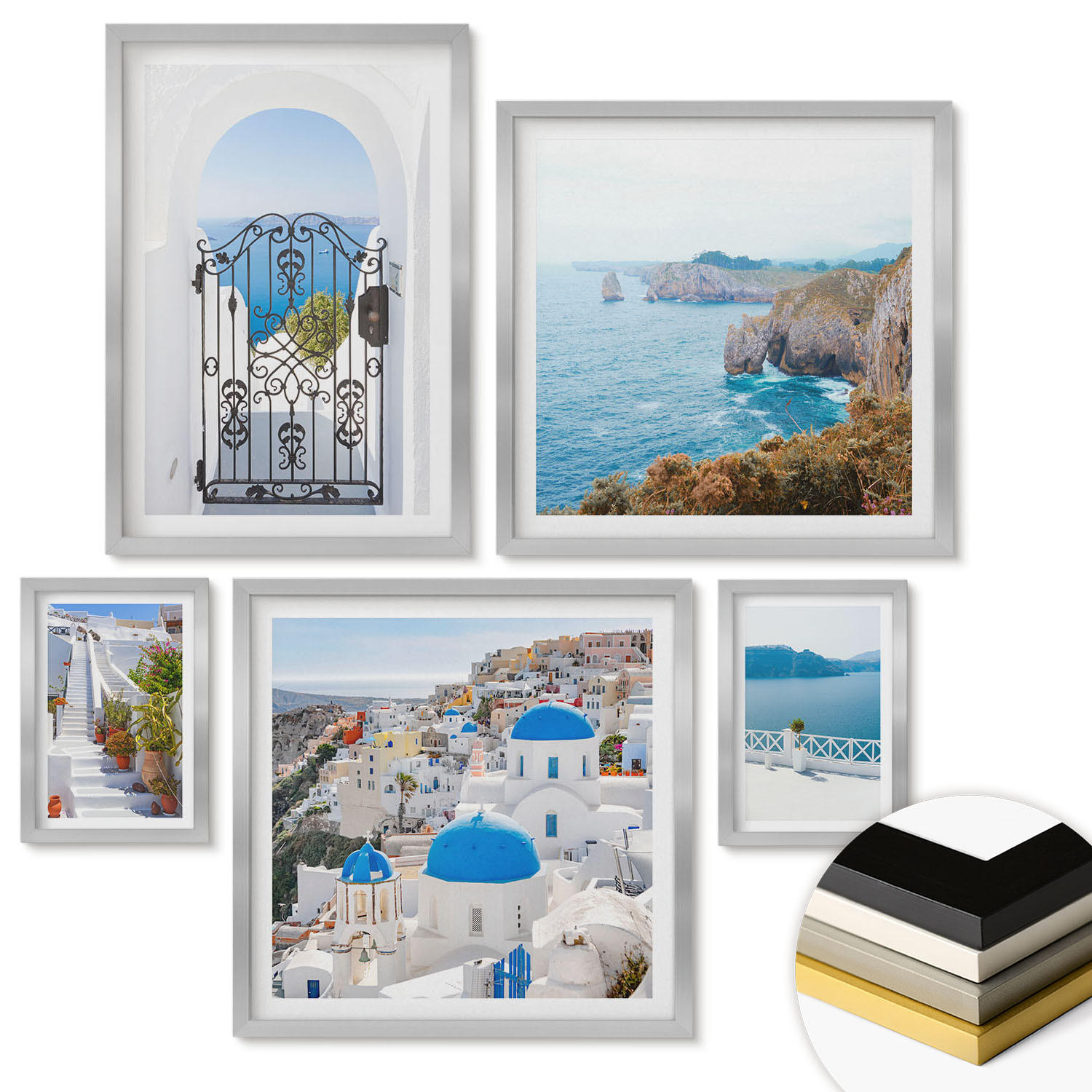 WANDBILDER 5er Set - 50x50 cm & 20x30 cm & 40x60 cm Silberner Rahmen - Weiße Treppenpflanzen Meer - Silberfarben, Kunststoff (40/60cm) - ArtPrintCave