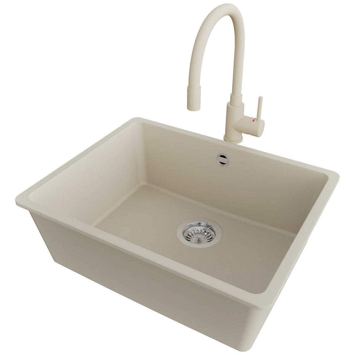 GRANITSPÜLE Venedig Slim Easy, 2-er set Beige 56/44 cm 1 Becken + Küchenarmatur 38/14 cm + Ablauf-Set ab 60er Unterschrank - Chromfarben/Beige, Kunststoff (56/20/44cm) - Primagran