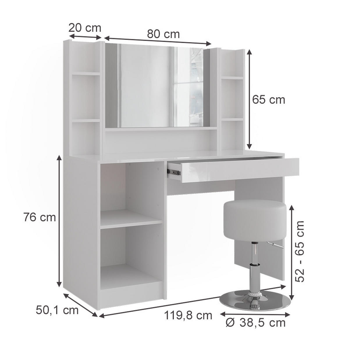 SCHMINKTISCH Sherry Weiß/Weiß Hochglanz 119.8 cm 5 Teile - Weiß Hochglanz, Holzwerkstoff (119.8/76/50.1cm) - Vicco