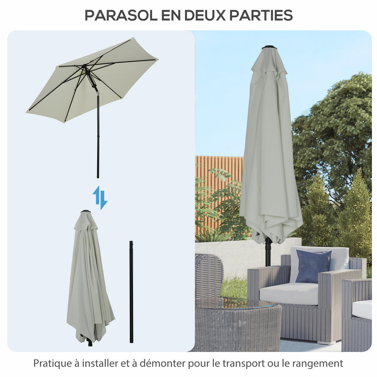 SONNENSCHIRM DE-11432 neigbar, Push-up, 6 Streben Hellgrau - Hellgrau, Textil (265/265cm) - ComfortXL