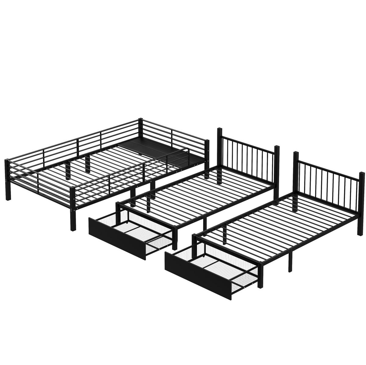 ETAGENBETT 140/200 und 90/200 cm aus Metall mit Schubladen, Schwarz - Schwarz, Metall (140/200cm) - Flora Grace