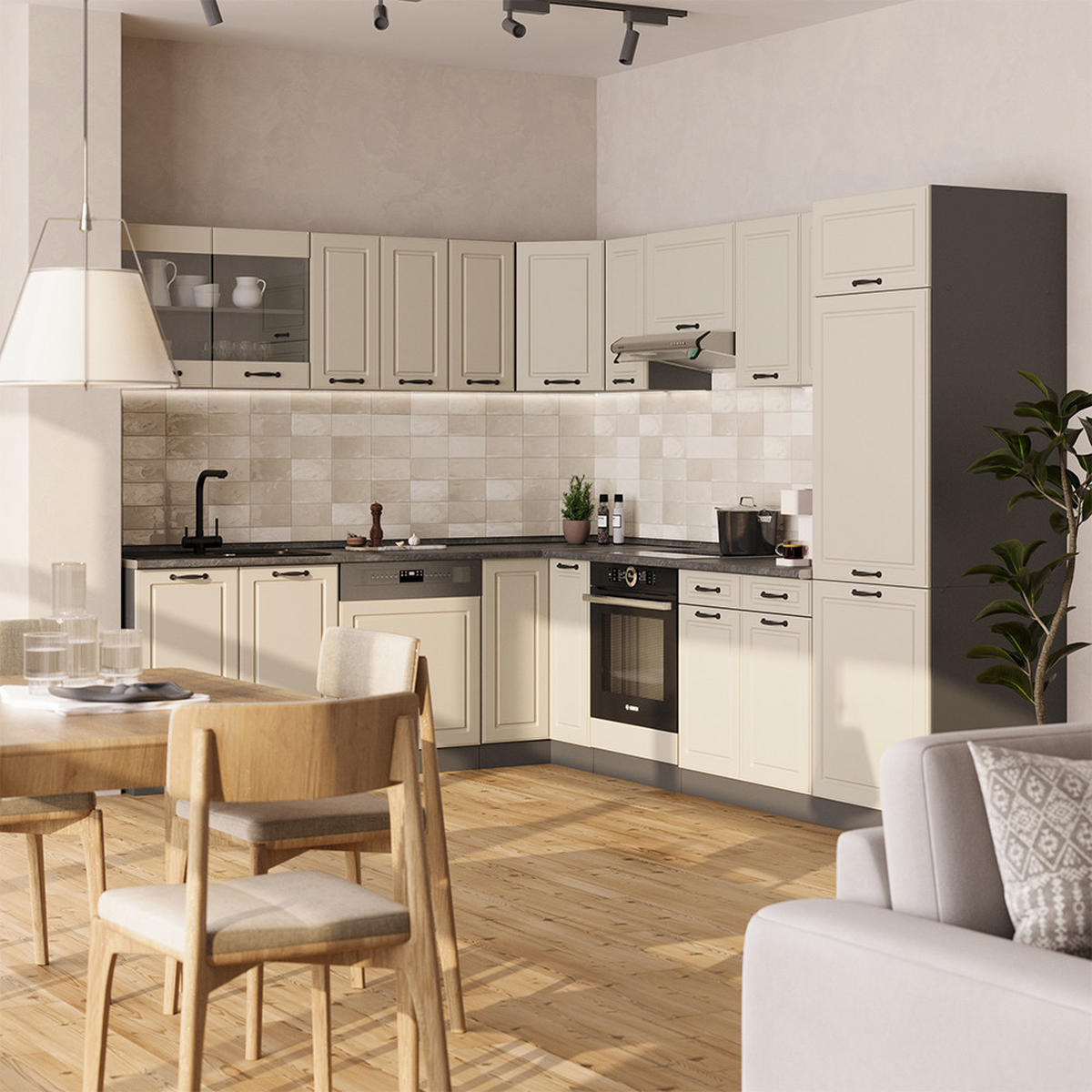 ECKKÜCHE R-Line, Sand Landhaus/Anthrazit, 287 x 227 cm - Beige/Anthrazit, Holzwerkstoff (287/206.8/60cm) - Vicco