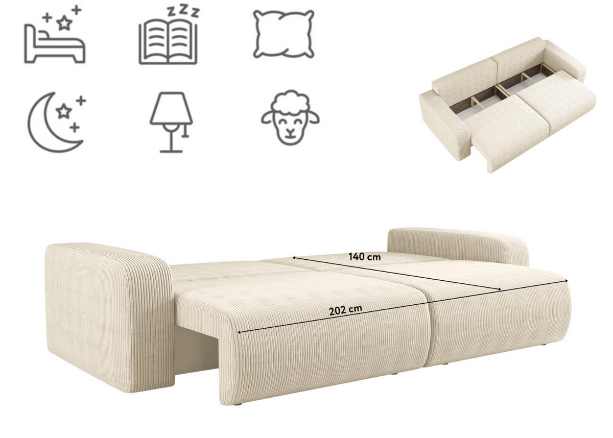 SCHLAFSOFA MILANO und Bettkasten Stoff Poso Ecru - Ecru, Holz (246/83/98cm) - Kaiser Möbel