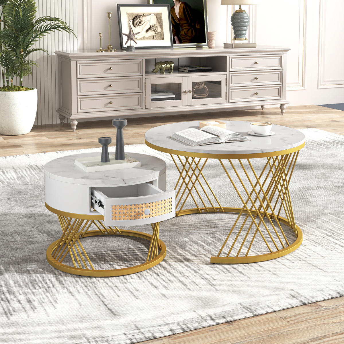 COUCHTISCH 2er Set Rattan Marmoroptik - Weiß, Holz (70/70/45.5cm) - Fortuna Lai
