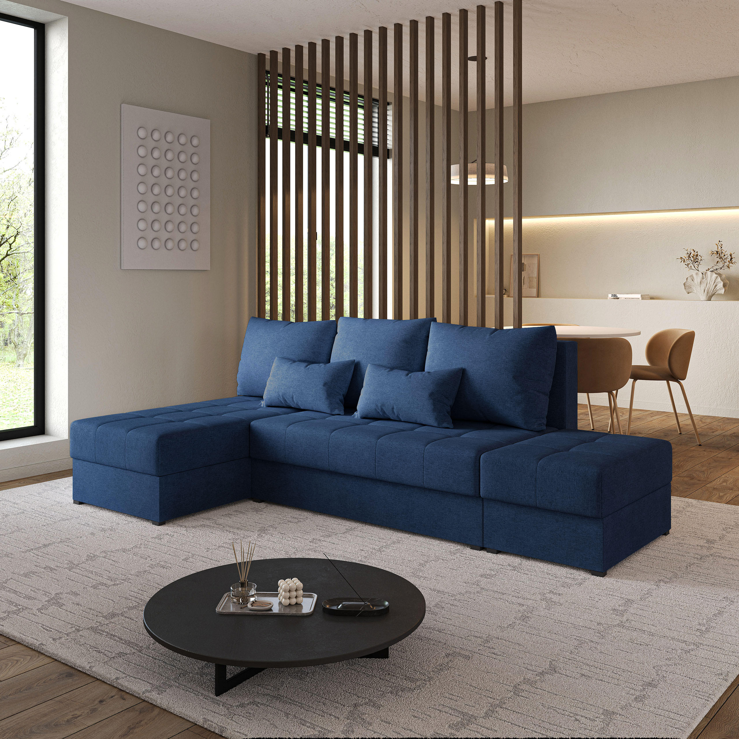 ECKSOFA NORVI Blau Geflochtener Stoff mit Schlaffunktion - Blau, Holz (251/143cm) - MASSENO