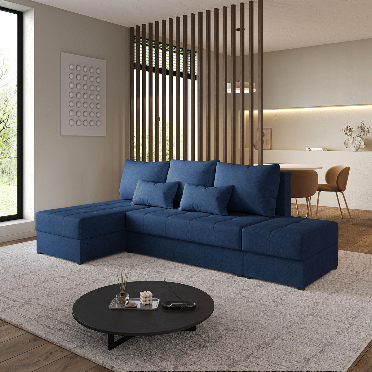 ECKSOFA NORVI Blau Geflochtener Stoff mit Schlaffunktion - Blau, Holz (251/143cm) - MASSENO