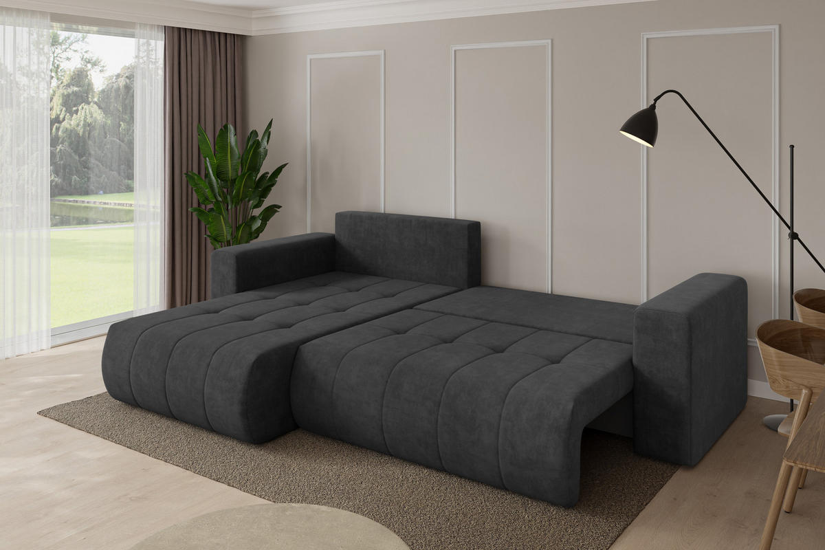 ROHOVÁ SEDAČKA s funkcí spaní, otoman vlevo MILA-L 277x194x86 tmavě šedá velur - černá/antracitová, kompozitní dřevo/textil (277/194cm) - ALTDECOR