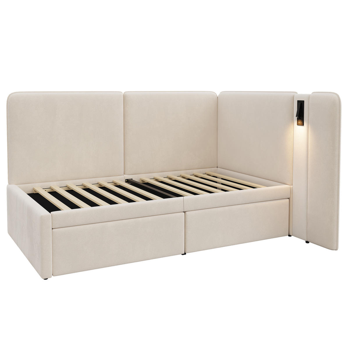 POLSTERBETT aus Samt 90x200 cm in Beige mit 2 Schubladen, USB-C & Leselampe - Beige, Textil (90/200cm) - Modfu