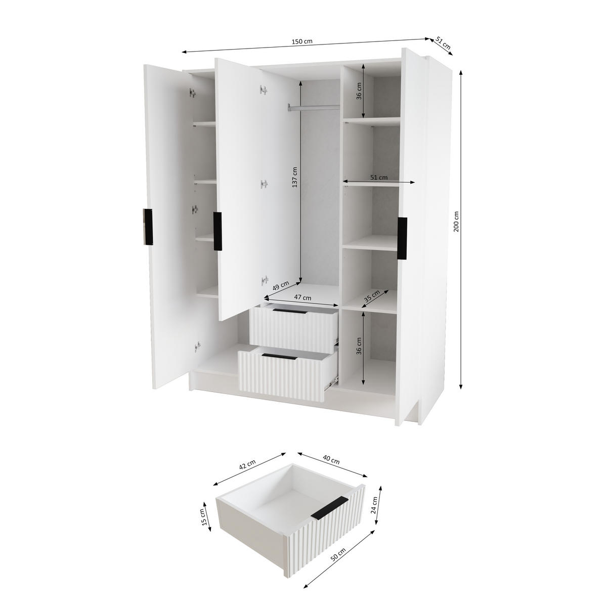 KLEIDERSCHRANK NOA - 150 cm - Weiß|Schwarz - Schwarz/Weiß, Holzwerkstoff (150/200/51cm) - ALTDECOR