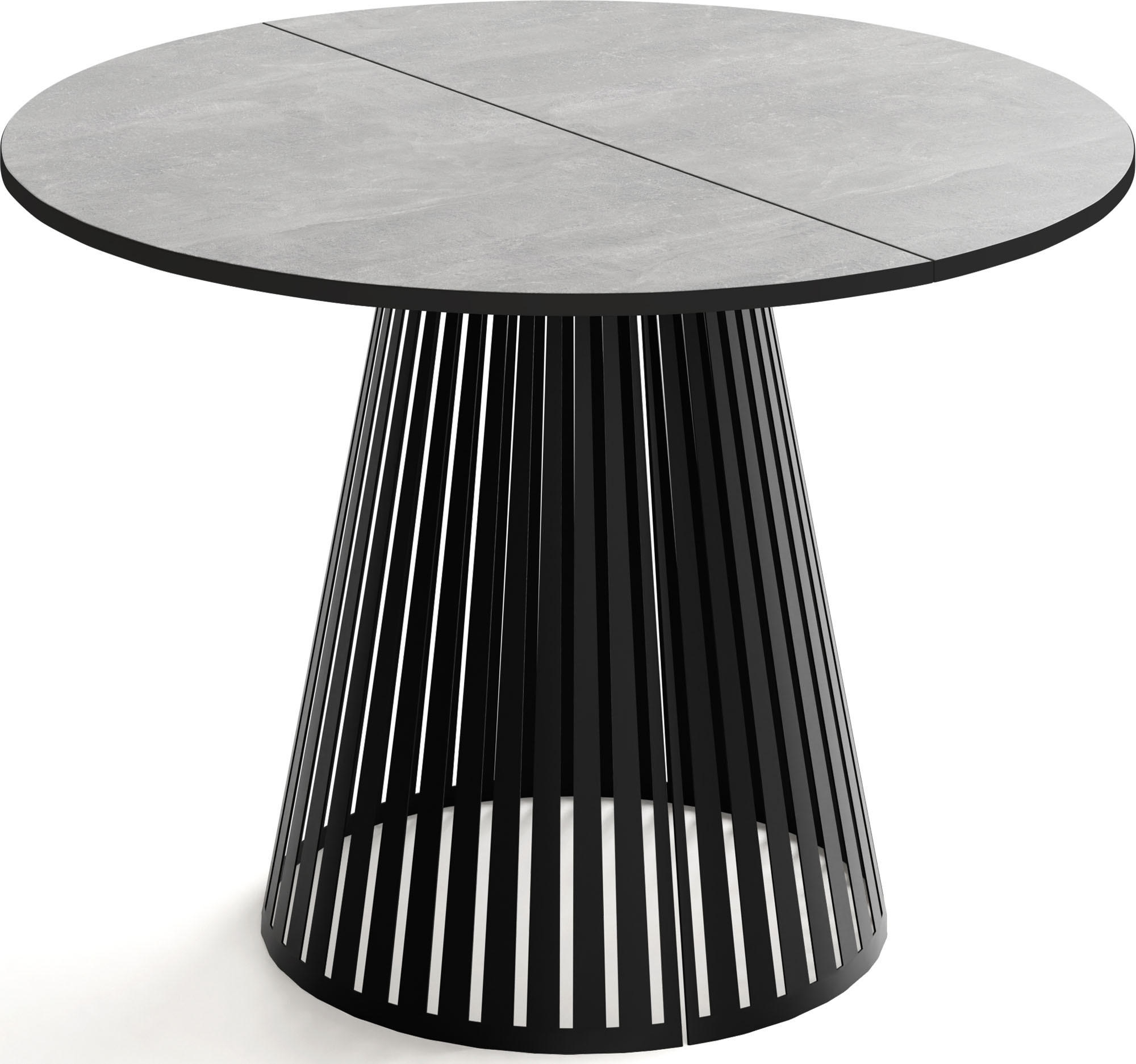 ESSTISCH Naro rund ausziehbar mit Schwarzem Lamellen-Metallgestell, Grauer Beton 120-200/120/76 cm - Hellgrau/Schwarz, Holzwerkstoff/Metall (120/120/76cm) - WFL GROUP