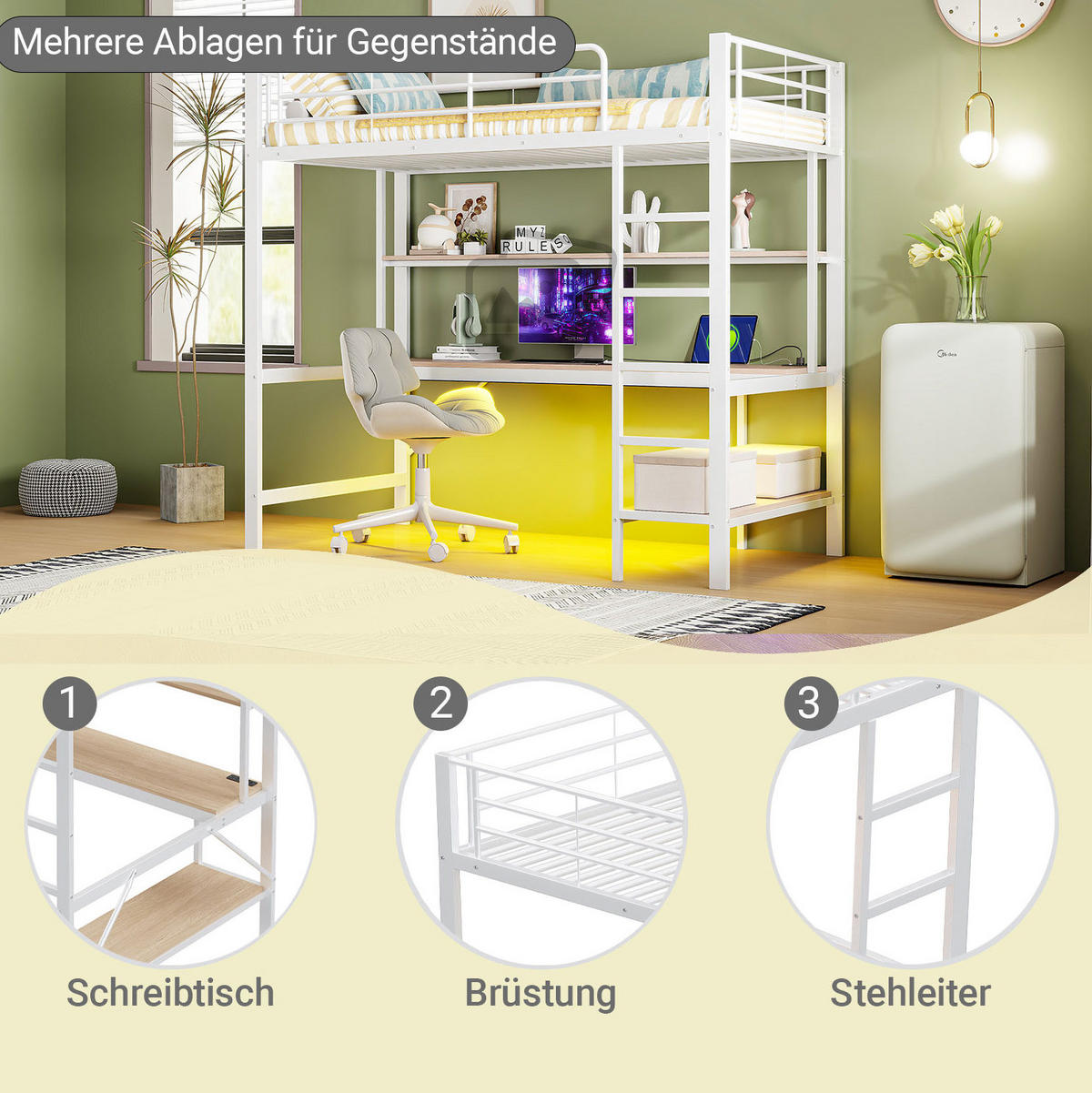 HOCHBETT aus Metall und MDF 90x200 cm Weiß mit LED-Beleuchtung, USB, Steckdose, Schreibtisch und Regal - Weiß, Metall (90/200cm) - Modfu