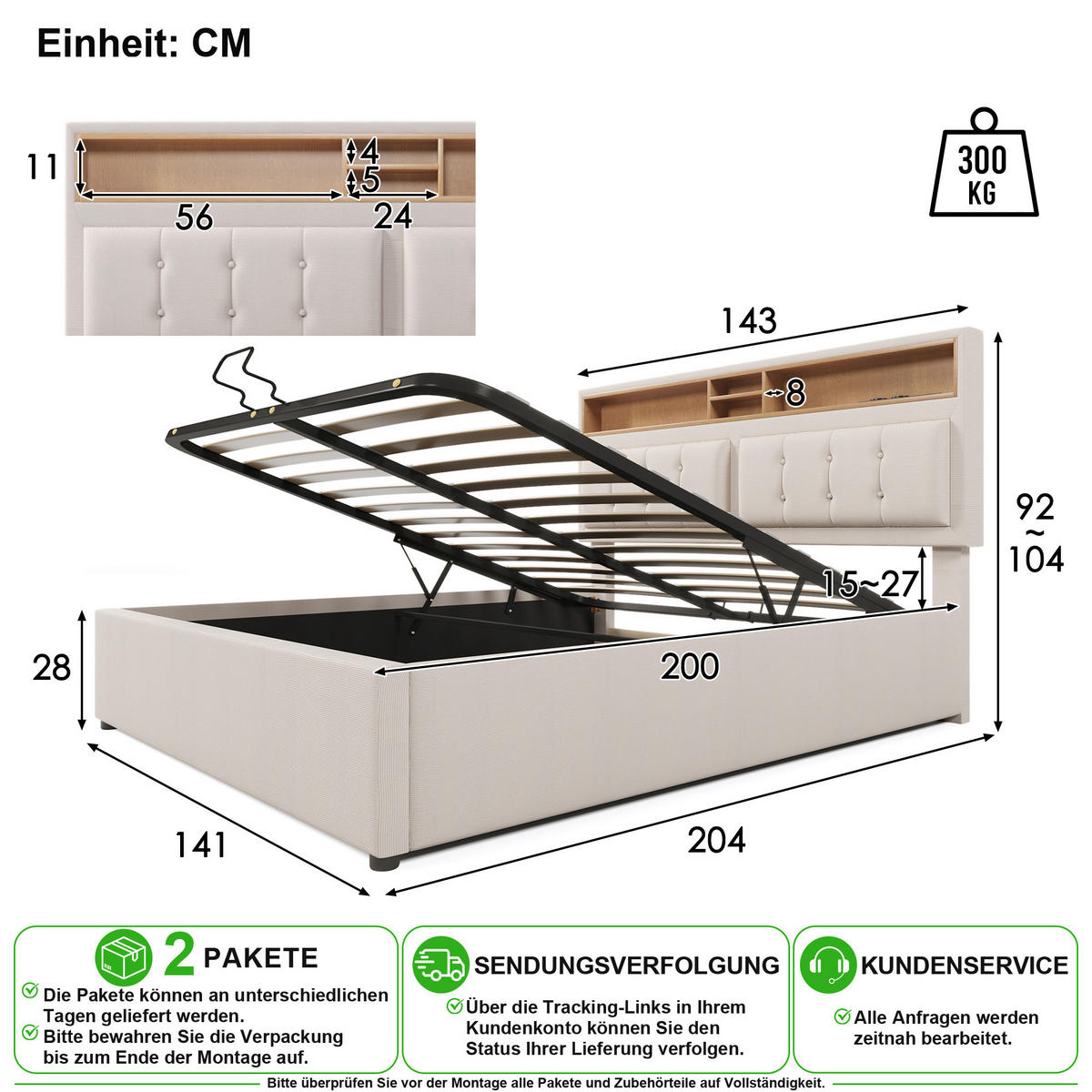 ČALOUNĚNÁ POSTEL 140/200 cm ve světle béžové barvě s úložným prostorem, USB a Type-C - béžová, kov/kompozitní dřevo (140/200cm) - CHICFURN
