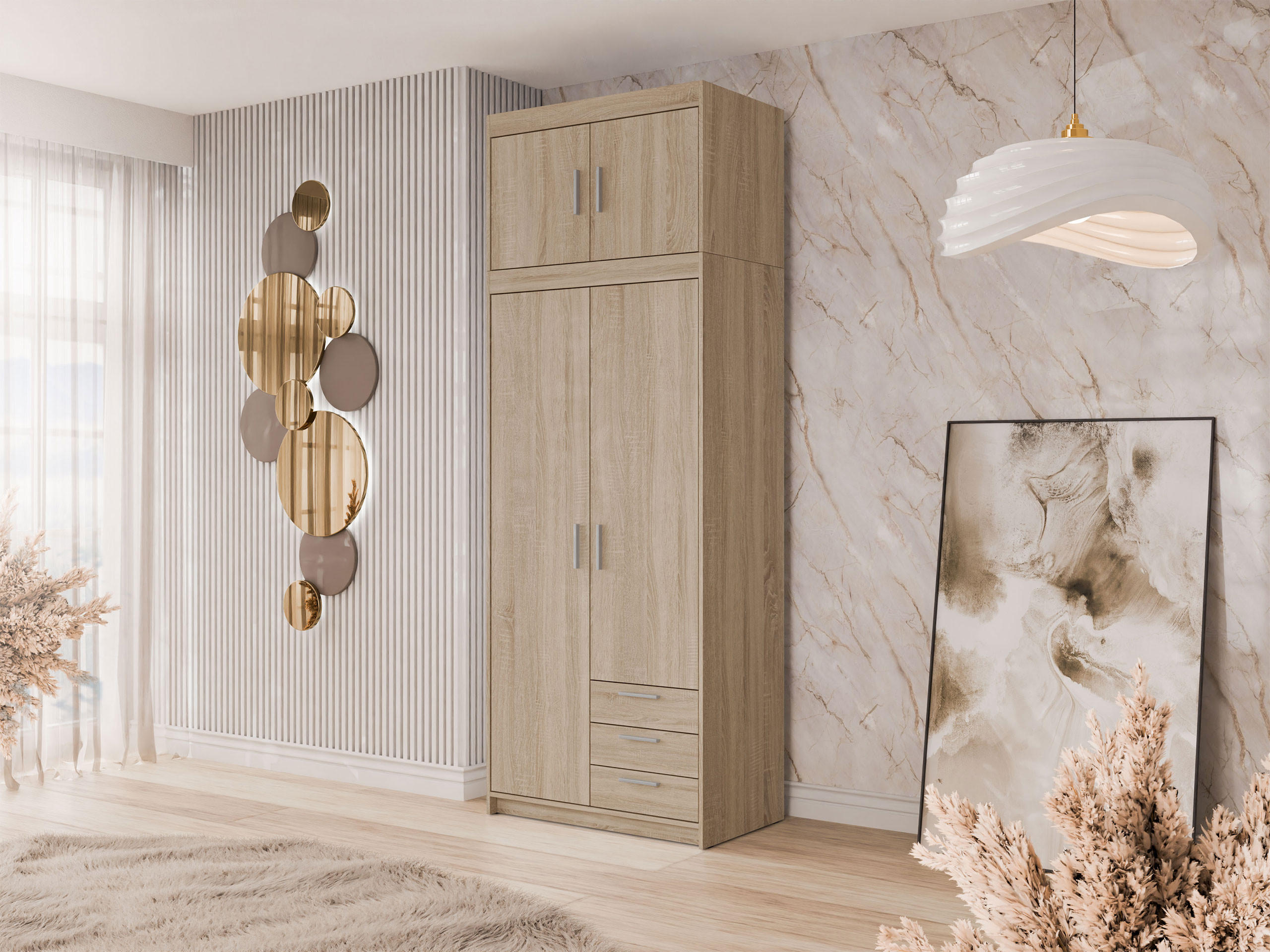 KLEIDERSCHRANK Elena 2D3S + Schrankaufsatz - Silberfarben/Sonoma Eiche, Holzwerkstoff/Kunststoff (90/246/53cm) - MIRJAN24