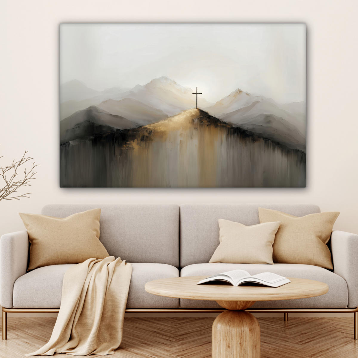 LEINWANDBILD Hügel - Abstrakt - Kreuz - Christentum Groß 140x90 cm - Beige, Textil (140/90cm) - MuchoWow