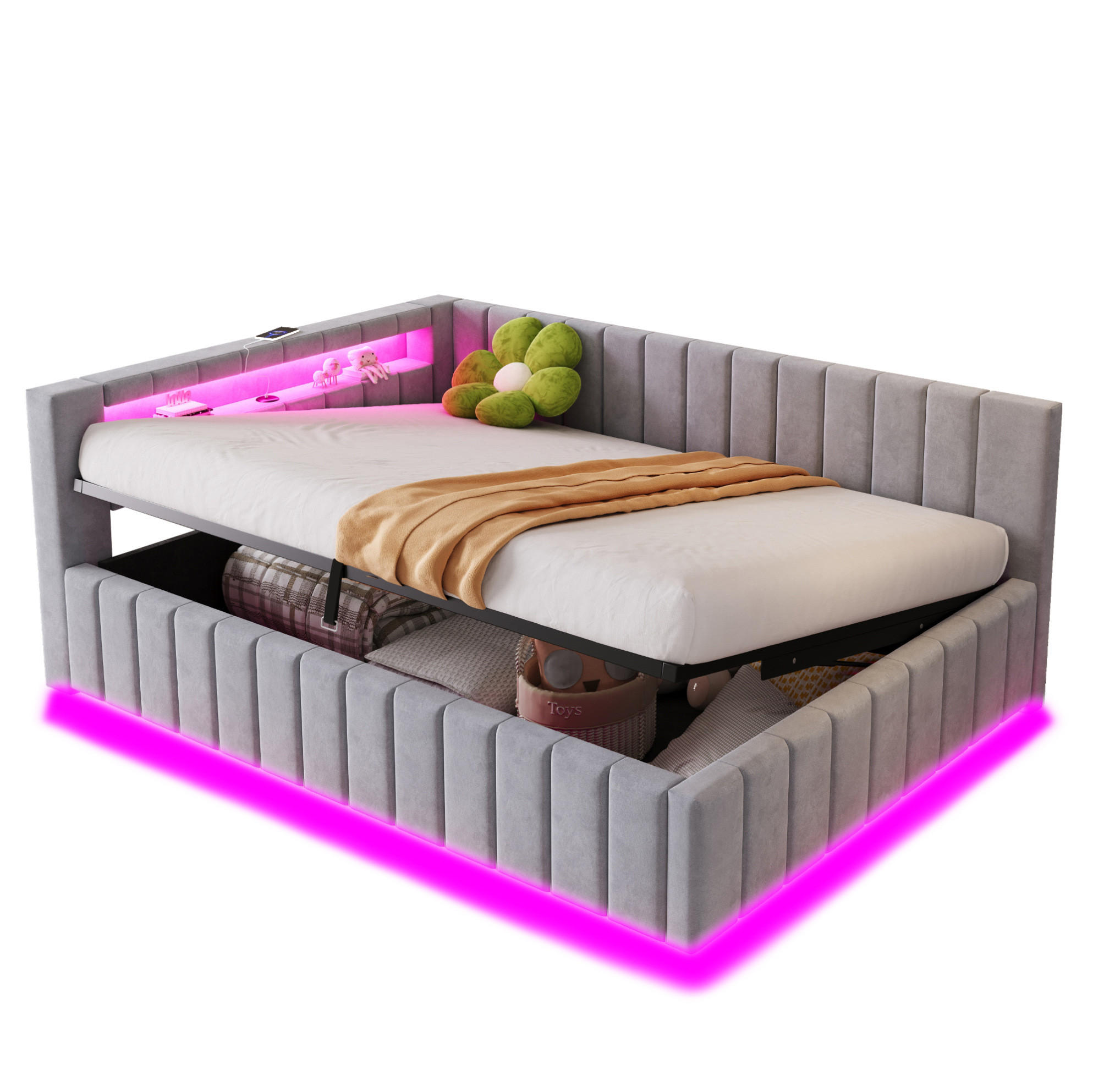 POLSTERBETT 140/200 cm aus Samt mit LED-Licht und USB-Anschluss, Grau - Grau, Textil (140/200cm) - OKMYHOME