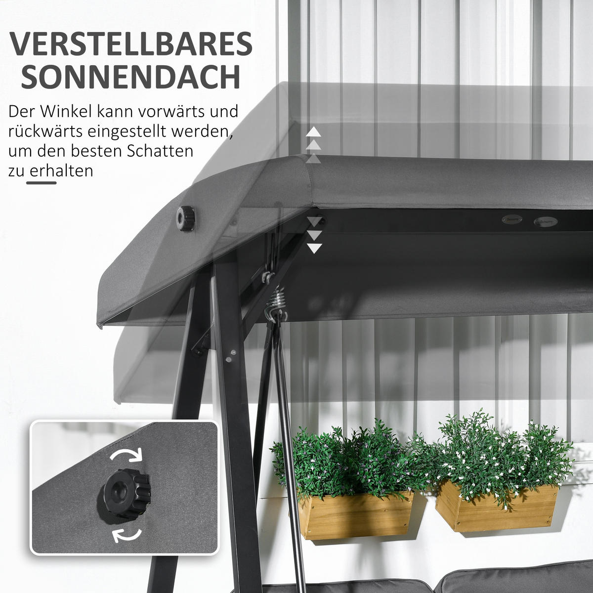 HOLLYWOODSCHAUKEL 2-Sitzer mit Verstellbarem Dach - Dunkelgrau, Metall (116/172/145cm) - Outsunny
