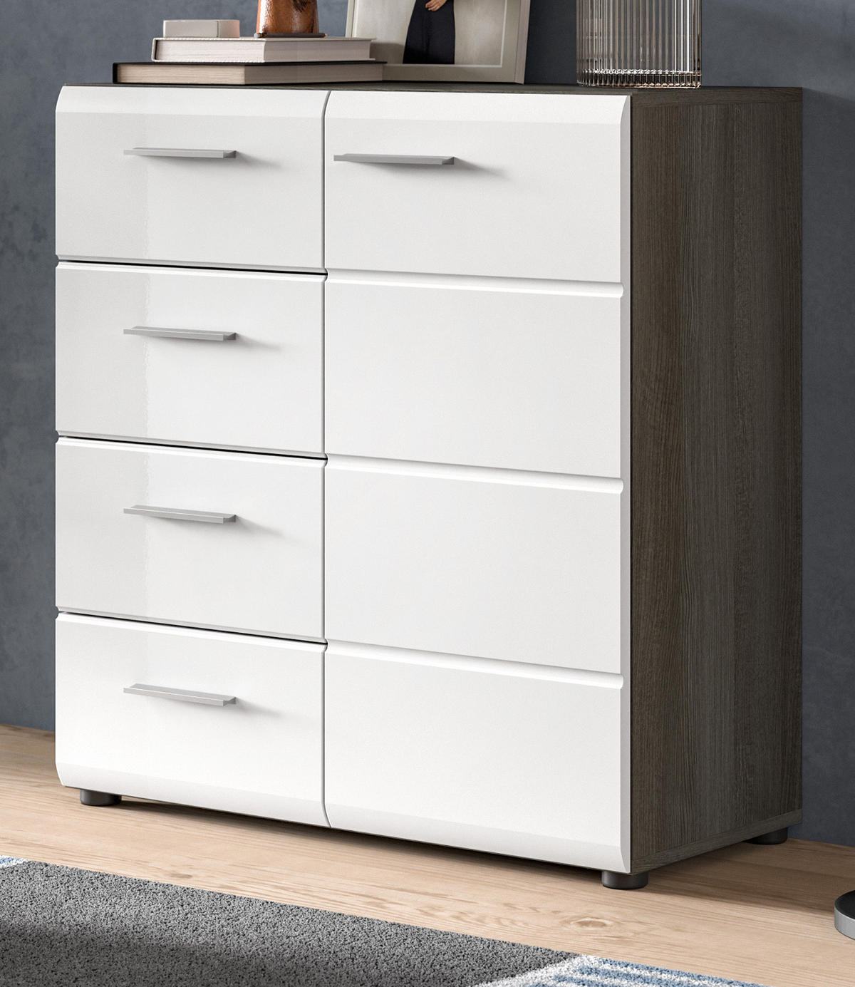 KOMMODE weiß Hochglanz, grau 80 cm, Sideboard mit Schubkästen - Weiß Hochglanz/Silberfarben, Holzwerkstoff/Kunststoff (75/85/37cm) - Inn.Furn