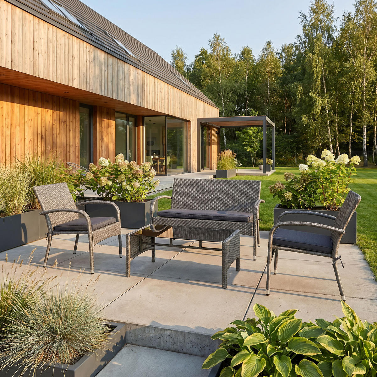 GARTENSET Montero Sofa, 2 Sessel und Tisch mit gehärtetem Glas, Metall+Technorattan - Dunkelgrau/Grau, Metall - Beautysofa