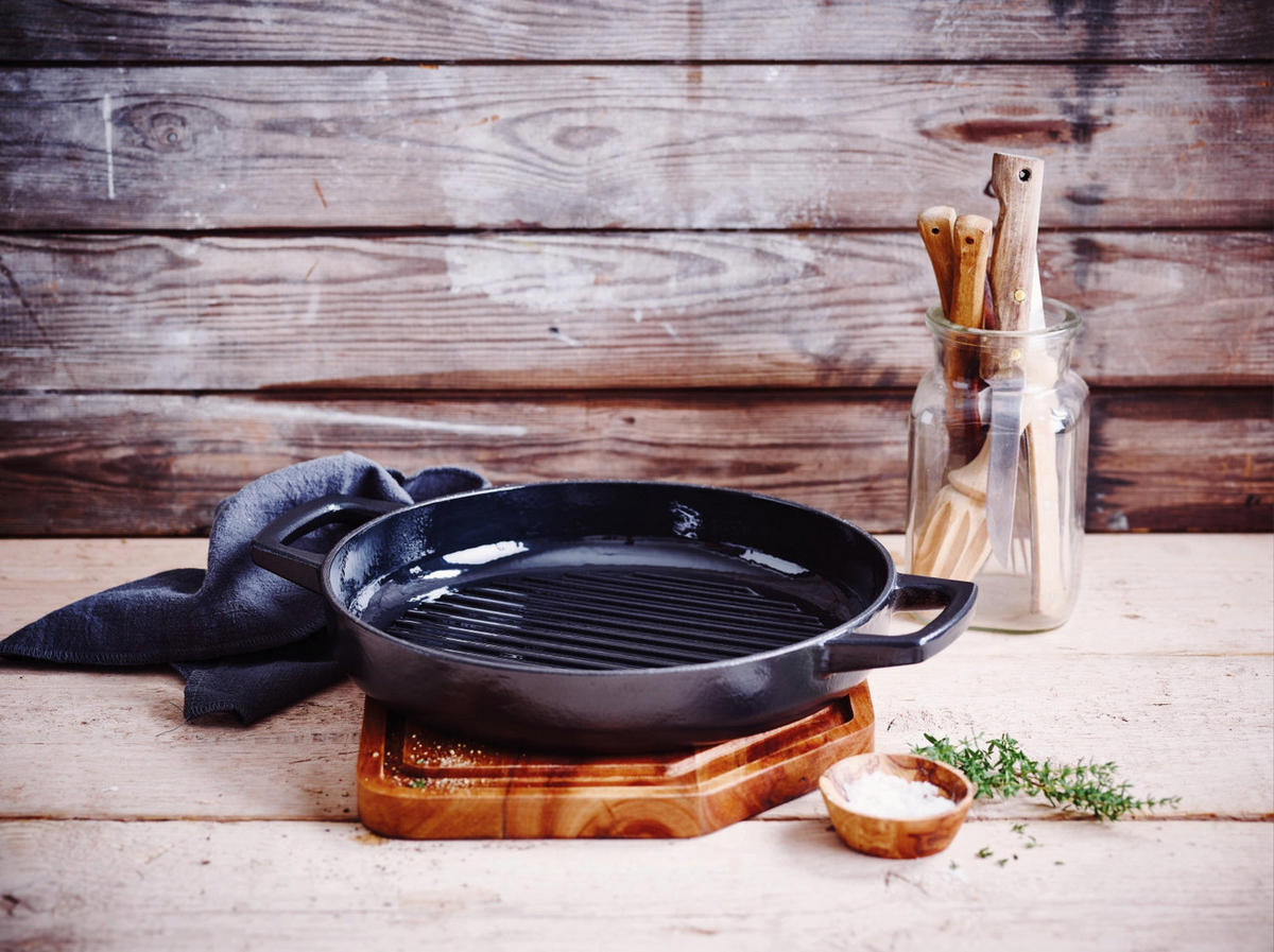 GRILLPFANNE / Grillplatte Nori ø 28 cm + Kostenlose Ledergriffe - für alle Herdarten geeignet - emaillierte Antihaftbeschichtung - Schwarz, Keramik (1/29/6cm)