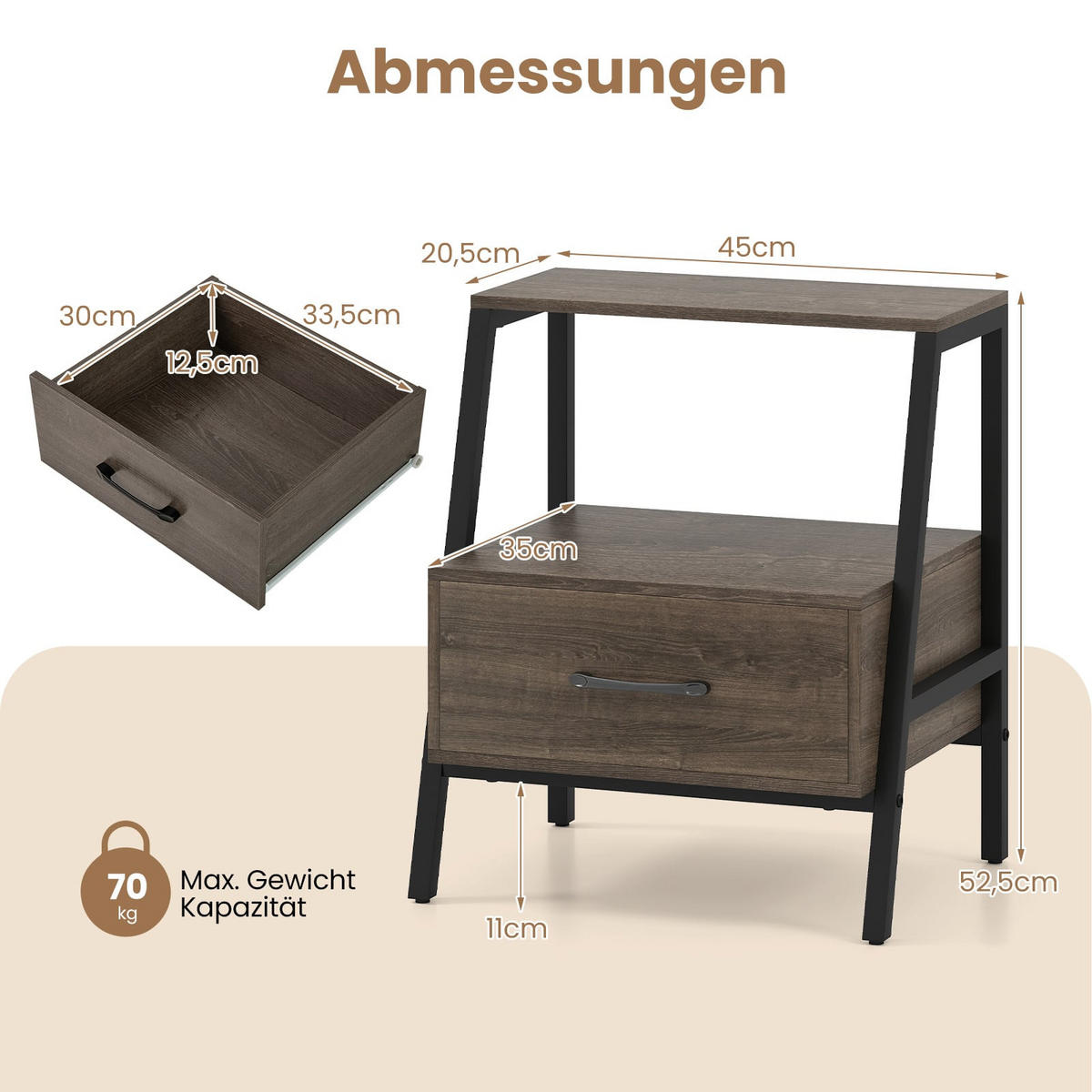 NACHTTISCH mit Schublade, offenes Regal und Metallrahmen, 45 x 35 x 52,5 cm - Grau, Holzwerkstoff (45/52.5/35cm) - DESIGN IN