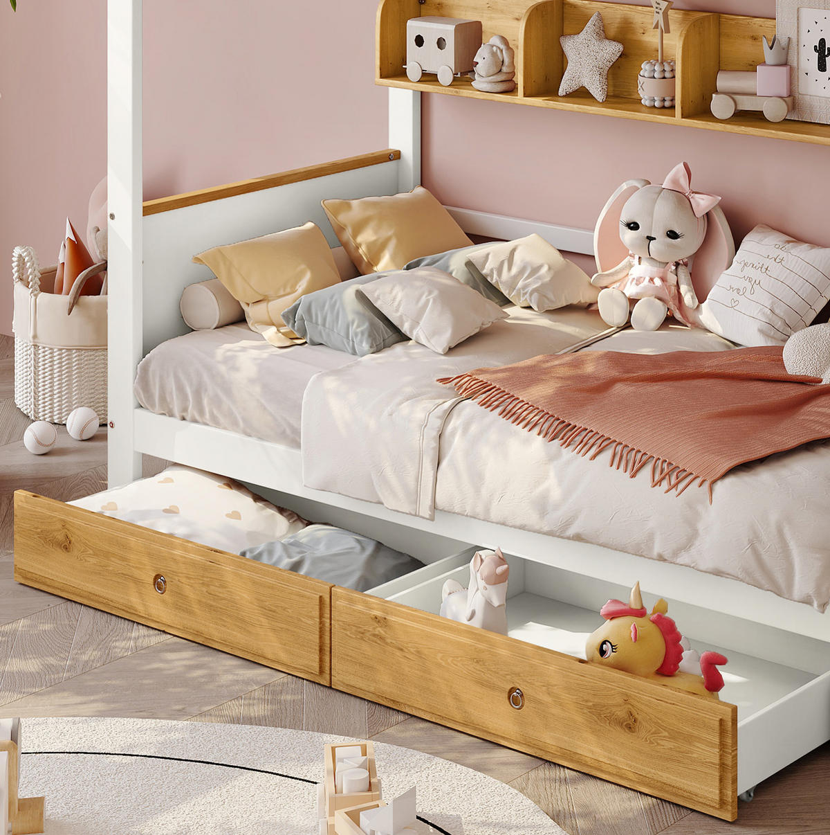 ETAGENBETT 90/200 cm mit Stauraumtreppe, Fallschutz, 2 Schubladen und Regal aus Kiefernholz & MDF, Weiß/Natur - Weiß, Holzwerkstoff (90/200cm) - Redom