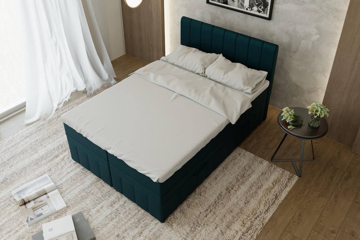 BOXBETT AVALON 140 x 200 cm mit Bettkasten und Topper - Türkis - Türkis, Holz - Panda Möbel