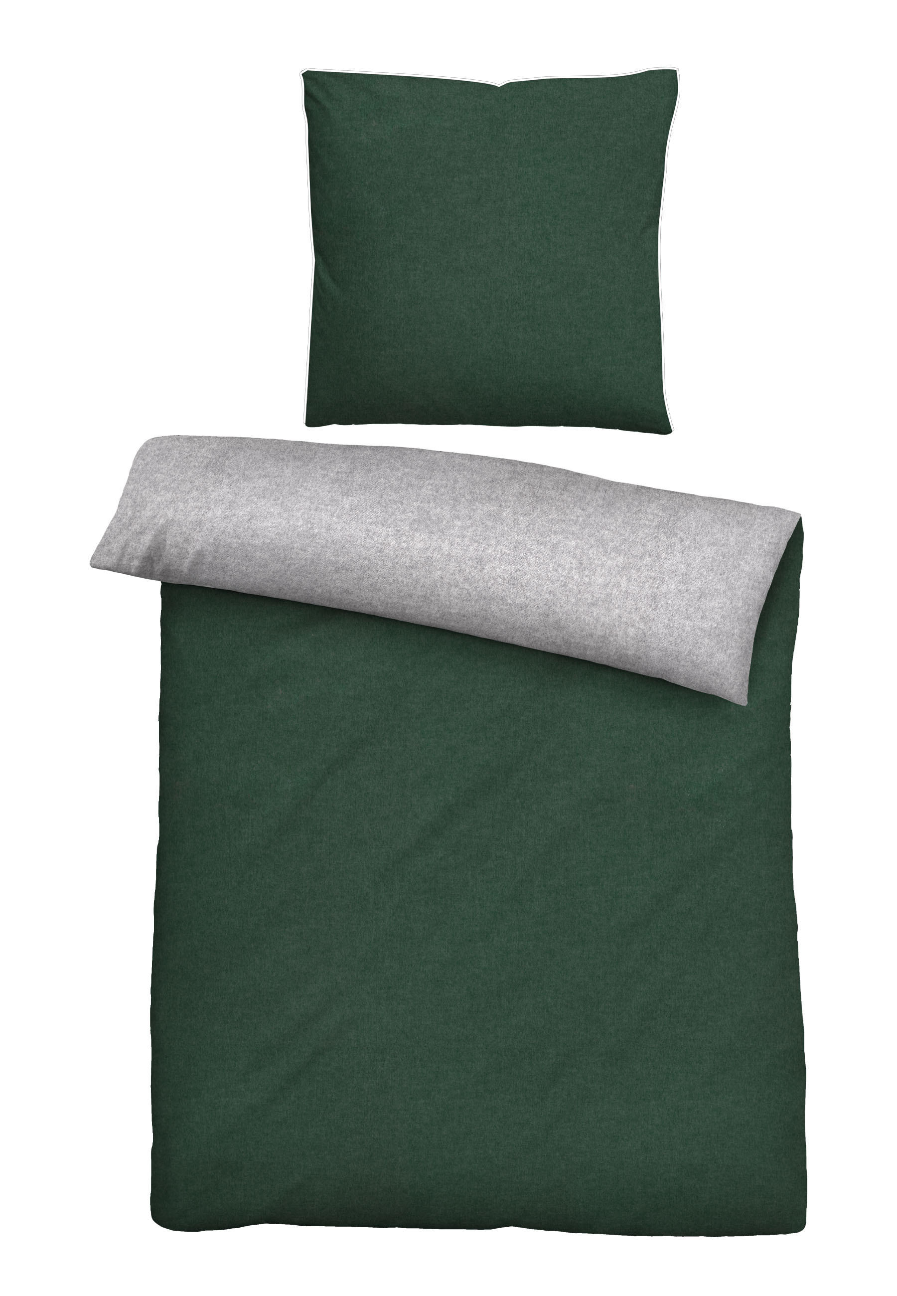 BETTWÄSCHE-GARNITUR Biber Melange UNI dunkelgrün, 135x200 cm + 80x80 cm - Dunkelgrün, Textil (135/200cm) - biberna