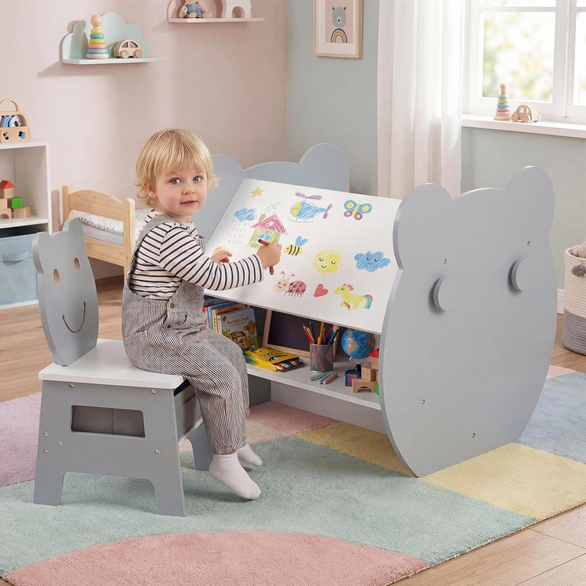 KINDERTISCH mit stuhl grau(2-tlg) - Grau, Holzwerkstoff (59.5/60/60cm) - COSTWAY