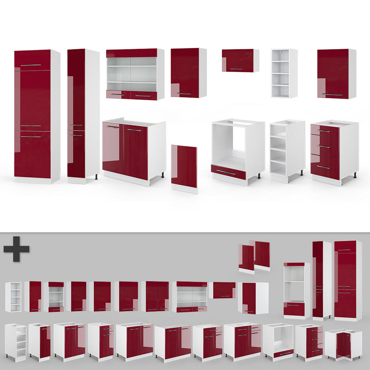 KÜCHENZEILE Fame-Line Bordeaux Hochglanz/Weiß 355 cm, AP Marmor - Bordeaux/Weiß, Holzwerkstoff (355/81.6/60cm) - Vicco