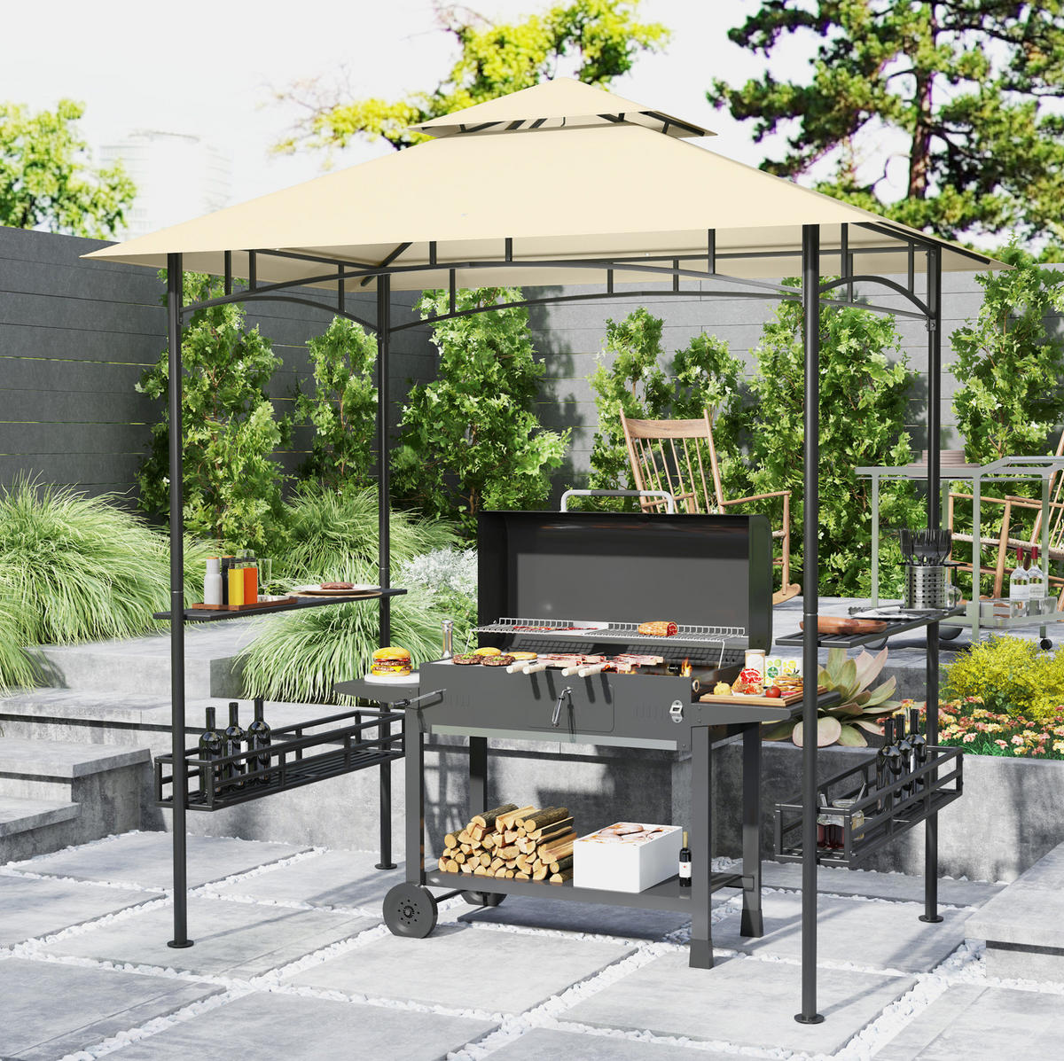PERGOLA Grillpavillon 240/150/257 cm aus Stahl mit Doppeldach und Seitenablagen Beige - Beige, Metall (240/257/150cm) - Modenvie
