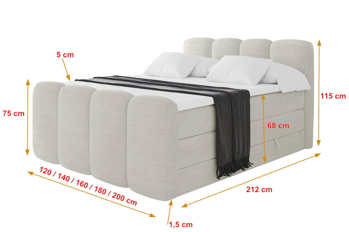 BOXSPRINGBETT mit Matratze H3/H4 - NINA-Z KING - 160x200 cm Creme - Perlmutt, Holzwerkstoff (160/200cm) - ALTDECOR